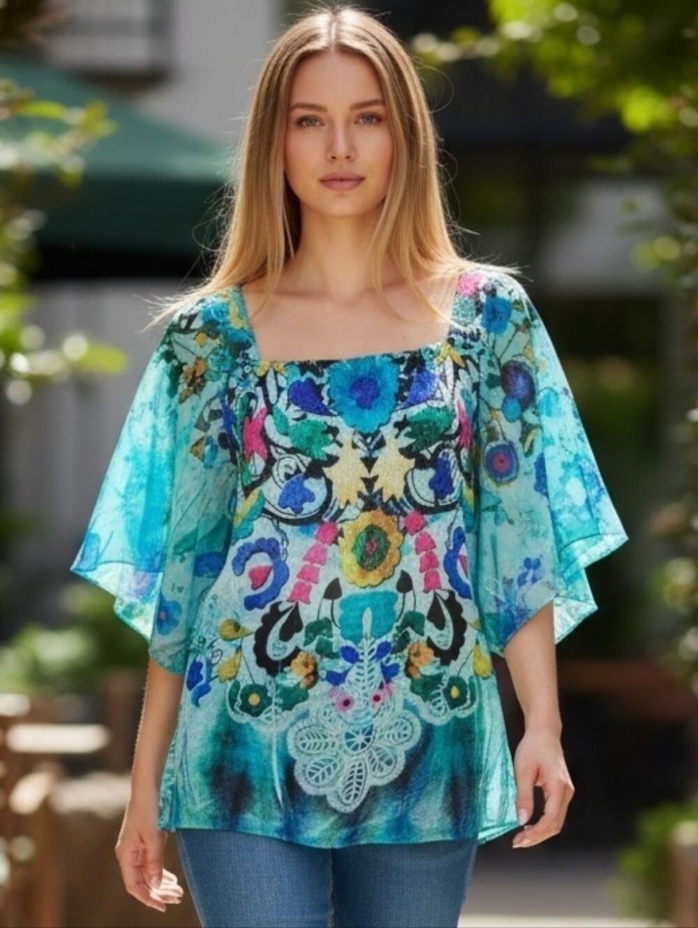 ONE WORLD |🌎 ✨ 🦋 Teal Blue Floral Print Blouse | EUC ✨ size M